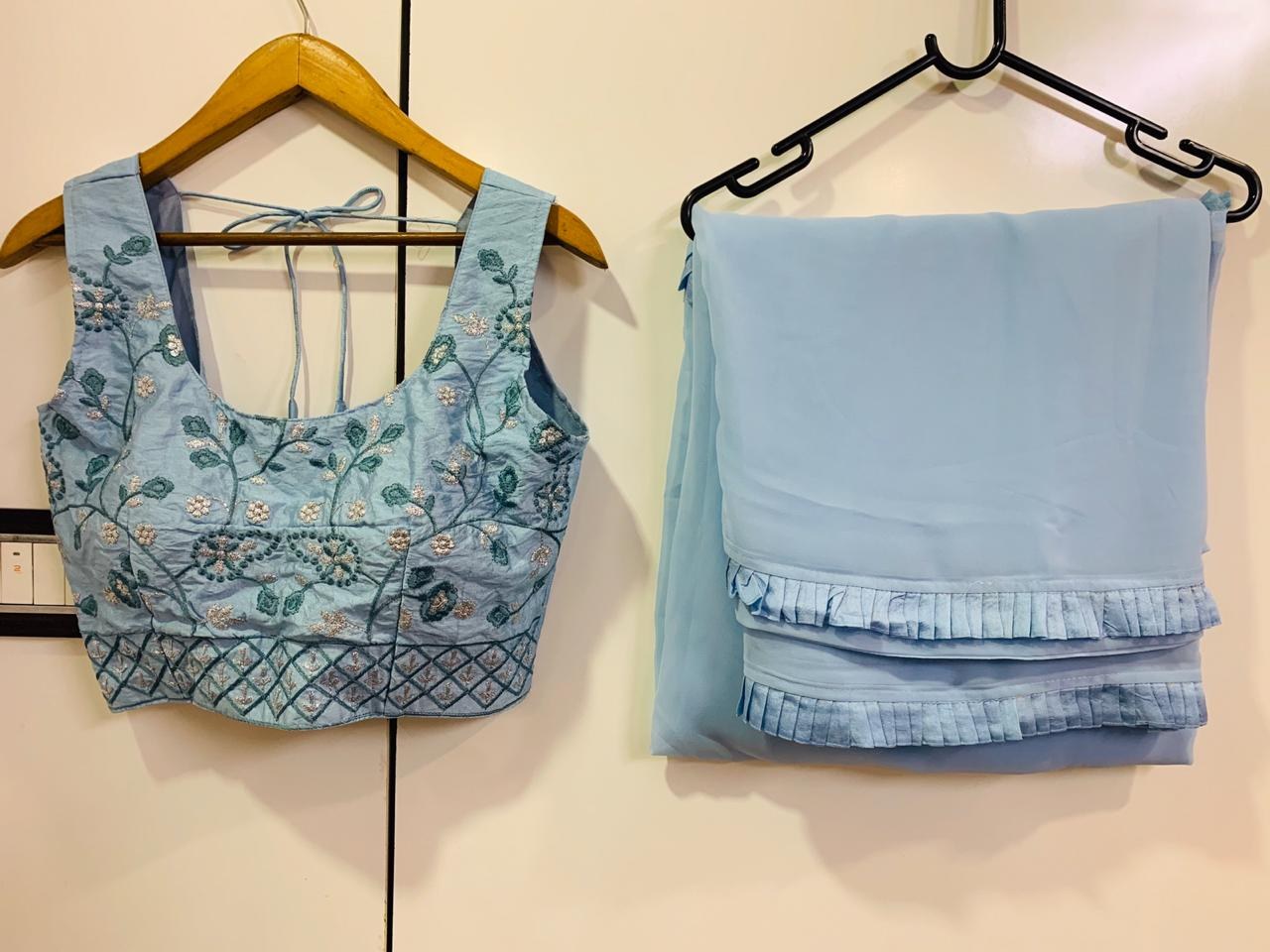 Sky blue georgette indowestern saree with koti