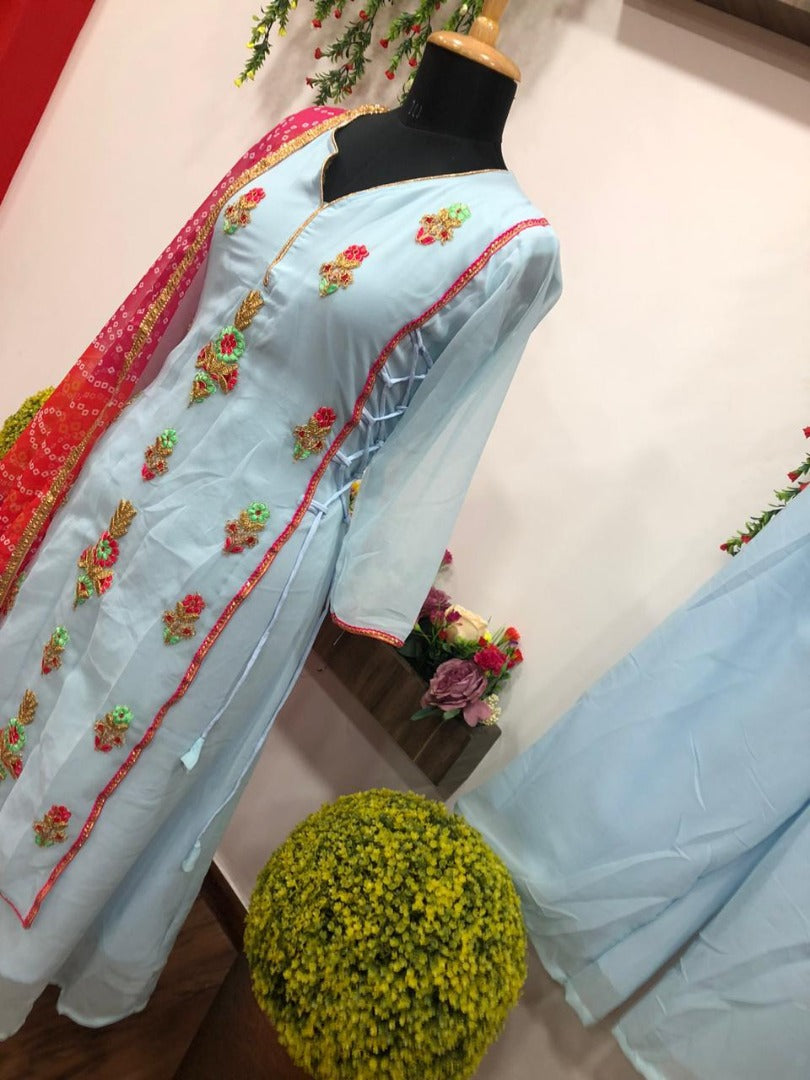 Sky blue georgette multi embroidered plazzo suit
