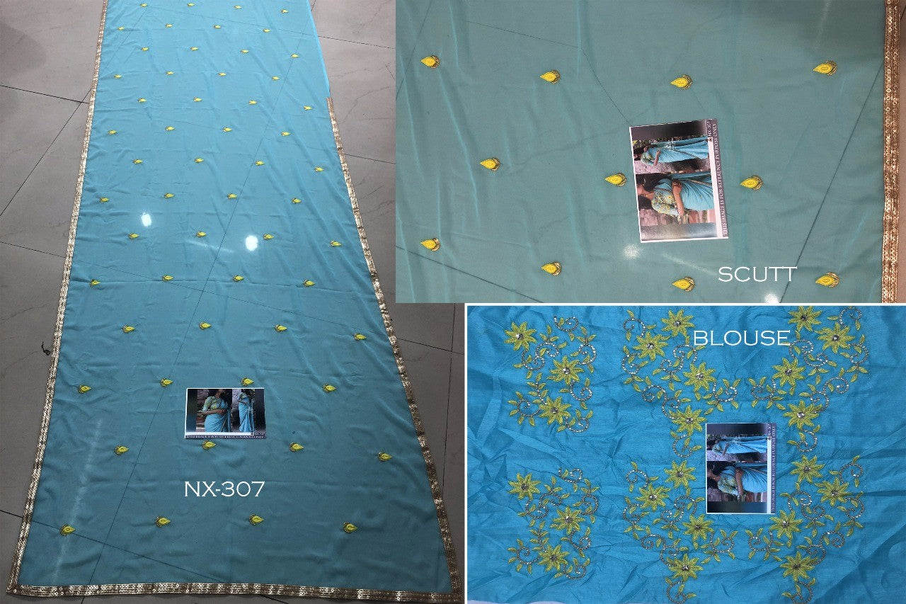 sky blue georgette partywear saree with embroidered blouse