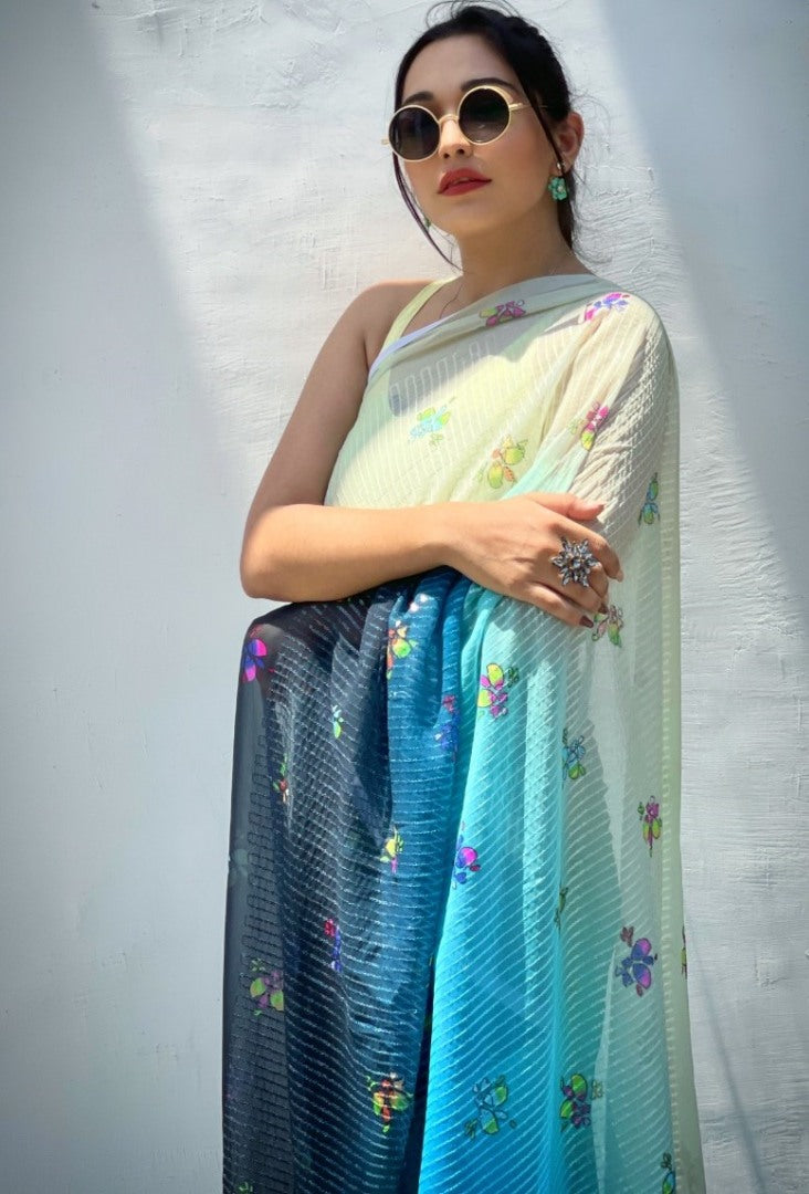 Sky blue georgette sequence digital printed work party wear saree