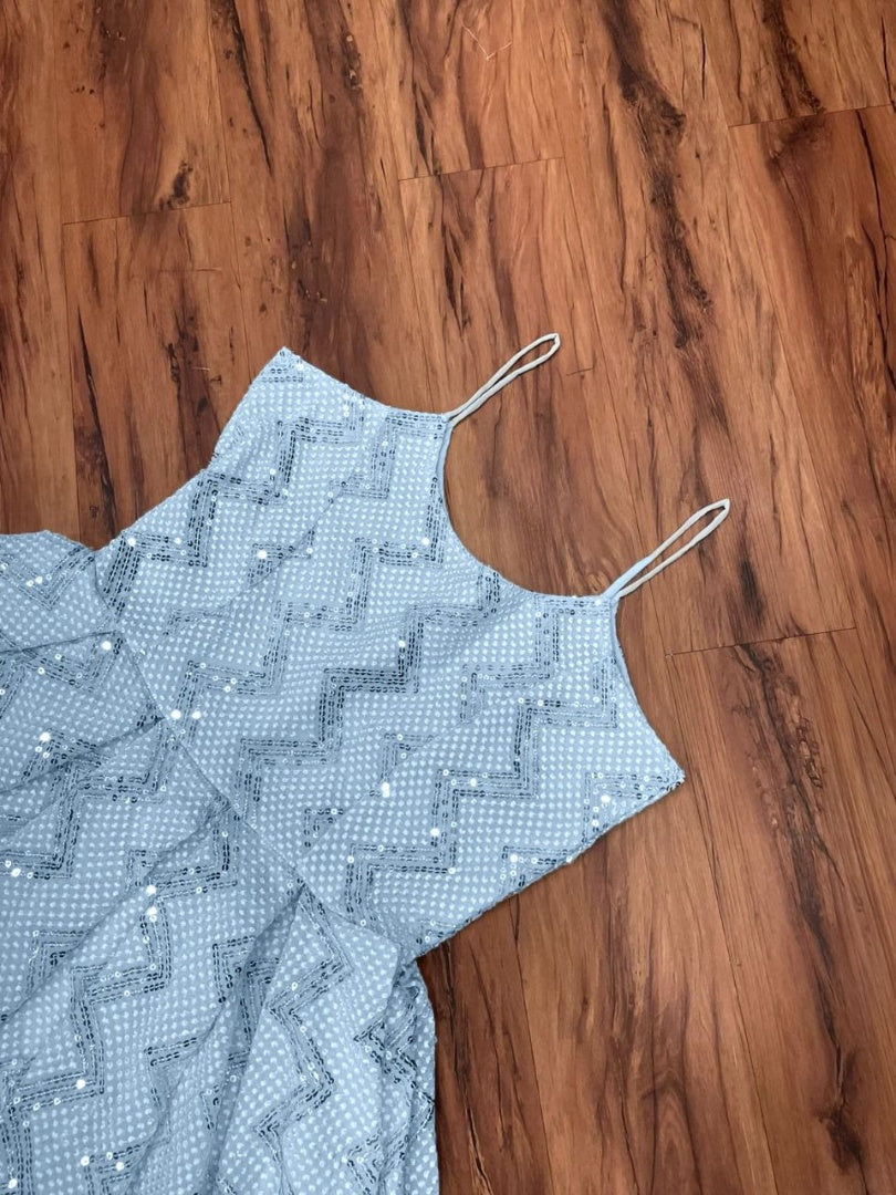 Sky blue georgette thread and sequence embroidered evening gown