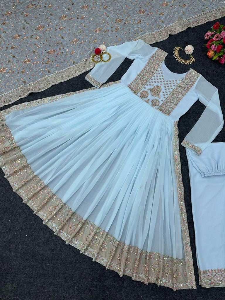 Sky blue georgette thread sequence work naira cut pant suit
