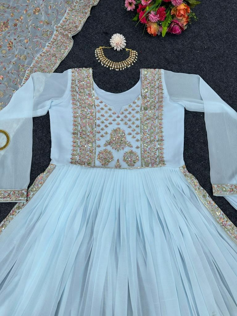 Sky blue georgette thread sequence work naira cut pant suit