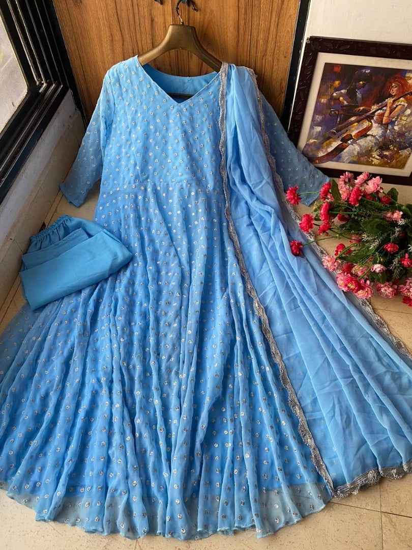 Sky blue georgette white dot printed umbrella flair anarkali suit