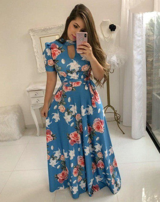 Sky blue heavy american crape flower printed gown