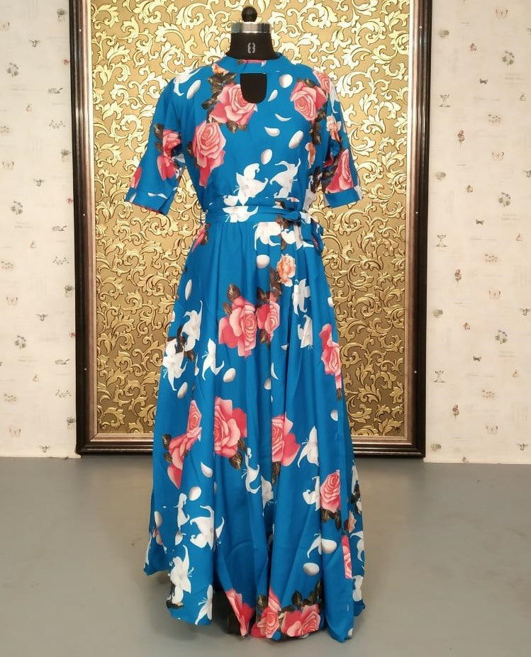 Sky blue heavy american crape flower printed gown