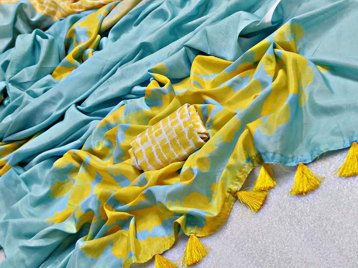 Sky blue heavy cotton silk printed stylist saree