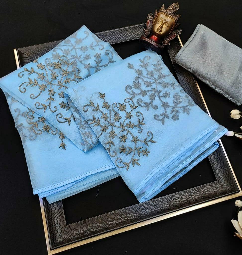Sky blue heavy crushed silk coding flower work saree