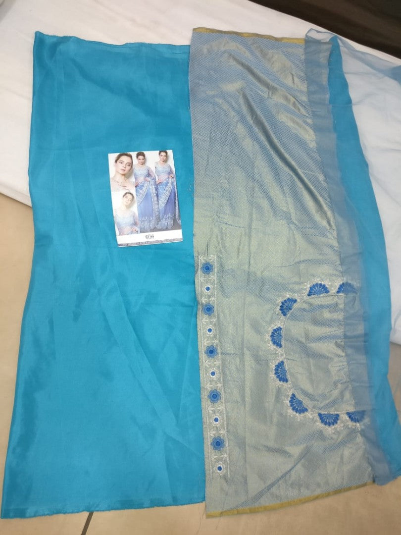sky blue heavy embroidered bollywood style designer saree