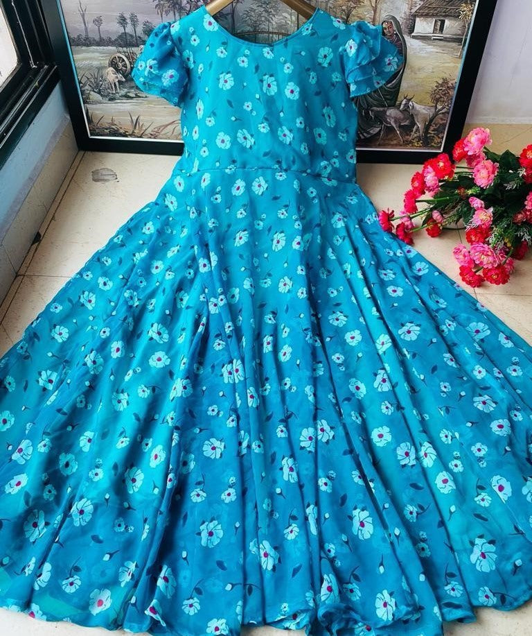 Sky blue heavy georgette digital flower printed gown