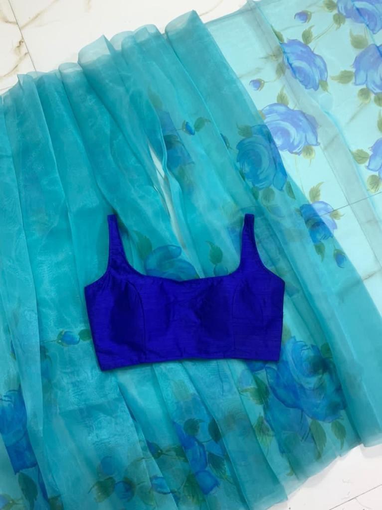 Sky blue heavy organza digital flower printed work saree