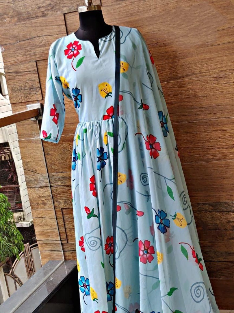 sky blue maslin silk digital printed gown with printed dupatta