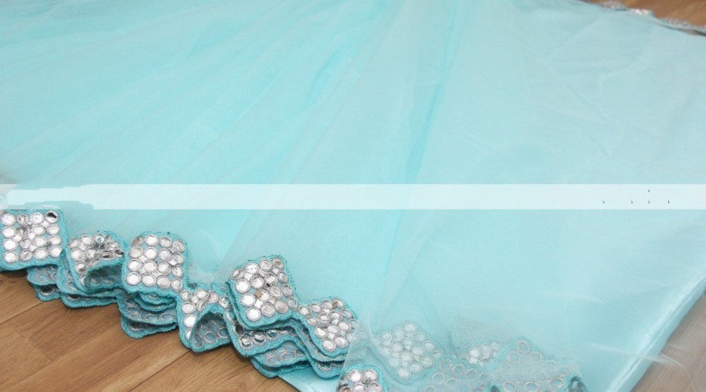 Sky blue mono net paper mirror work saree