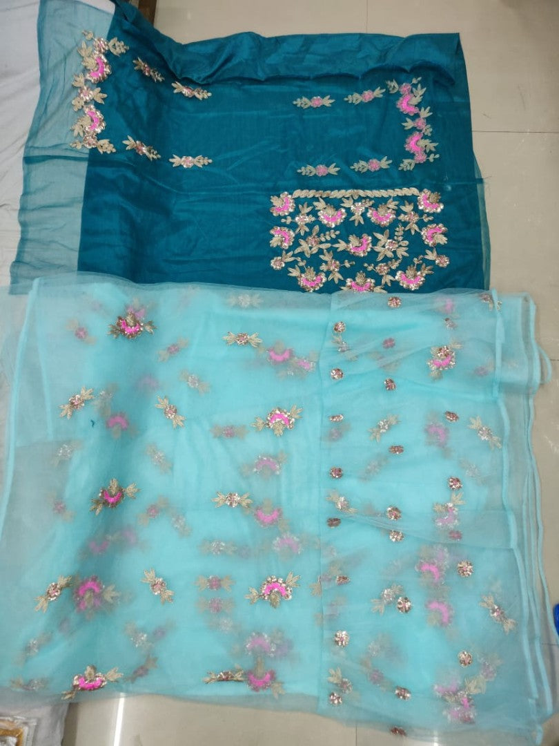 sky blue net designer saree with embroidered blouse