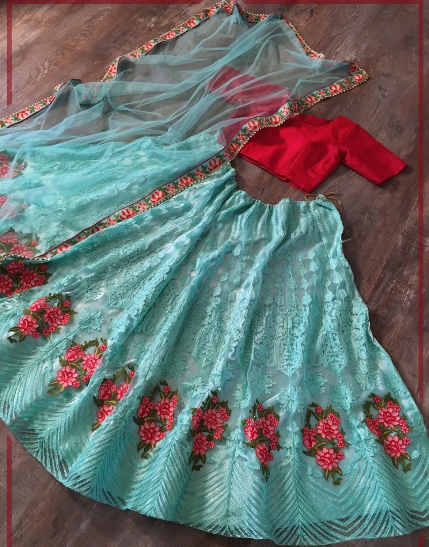 Sky blue net sequence embroidered ceremonial lehenga choli