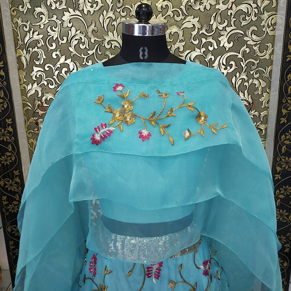 Sky blue organza embroidered partywear indowestern lehenga