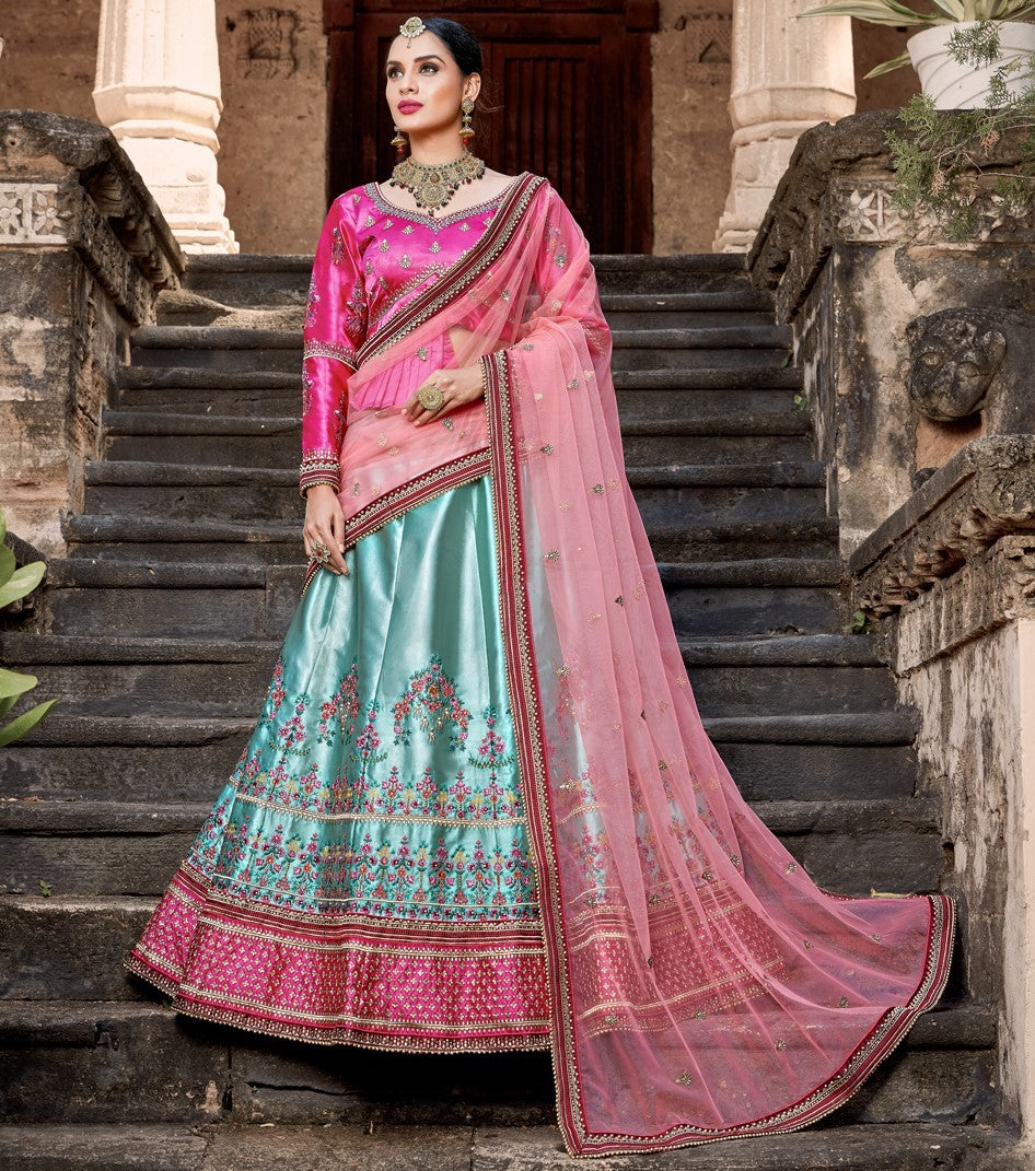 sky blue pure satin designer embroidered wedding lehenga choli