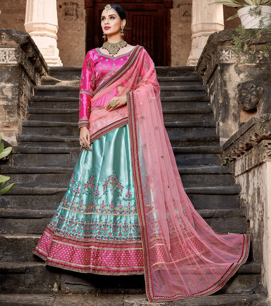 sky blue pure satin designer embroidered wedding lehenga choli