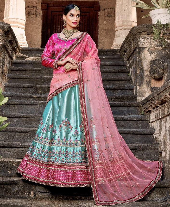 sky blue pure satin designer embroidered wedding lehenga choli