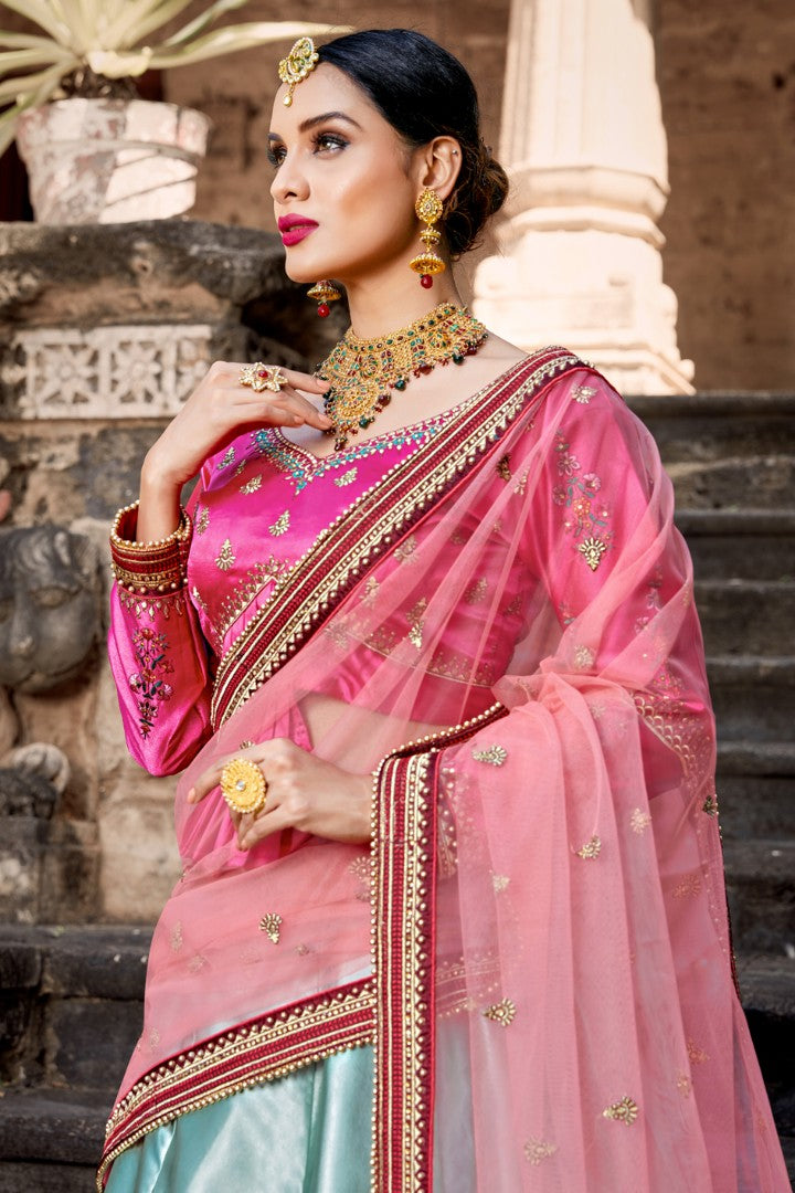 sky blue pure satin designer embroidered wedding lehenga choli
