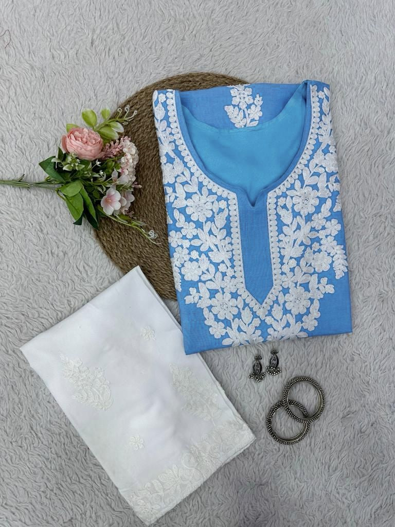 Sky blue rayon chainstitch palazzo kurti
