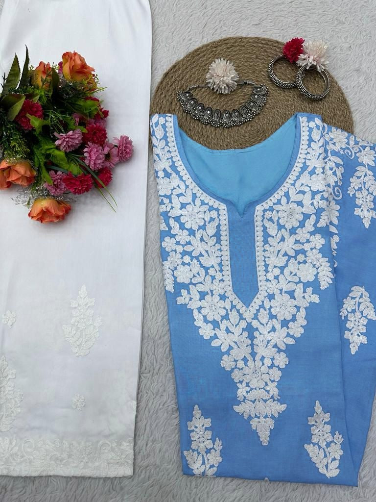 Sky blue rayon chainstitch palazzo kurti