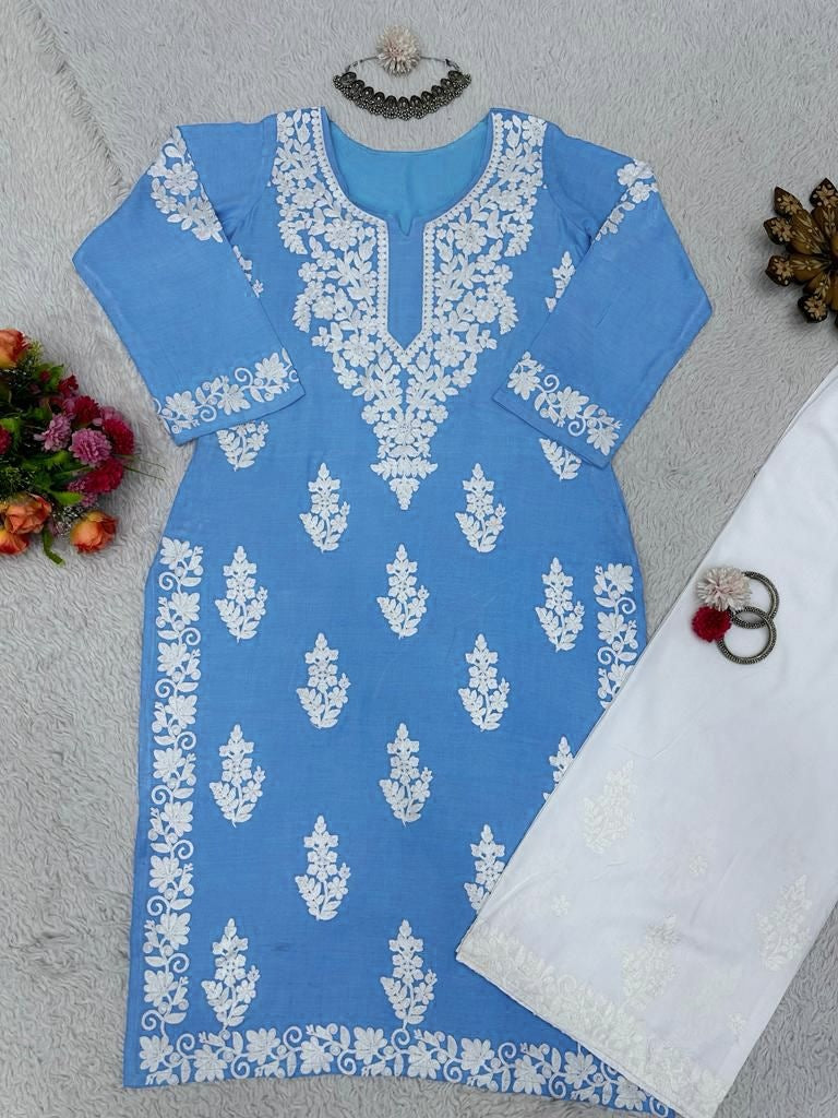Sky blue rayon chainstitch palazzo kurti