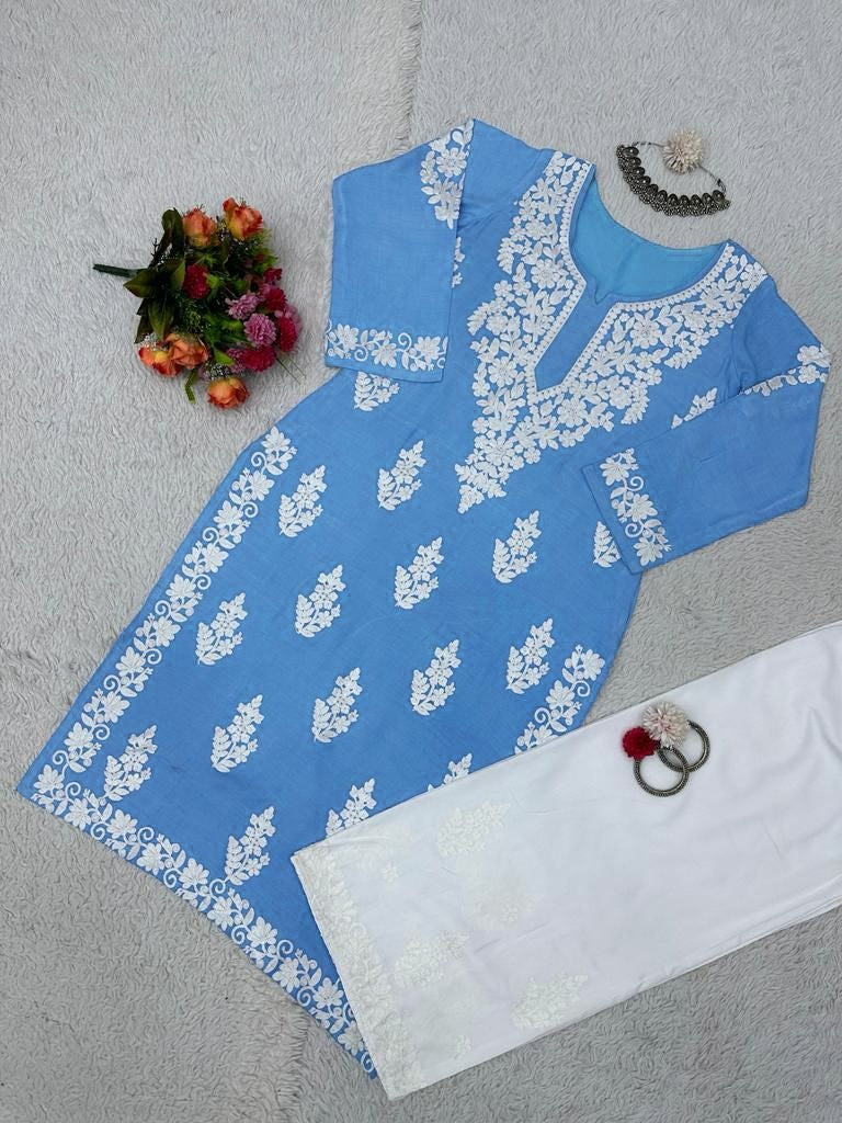 Sky blue rayon chainstitch palazzo kurti