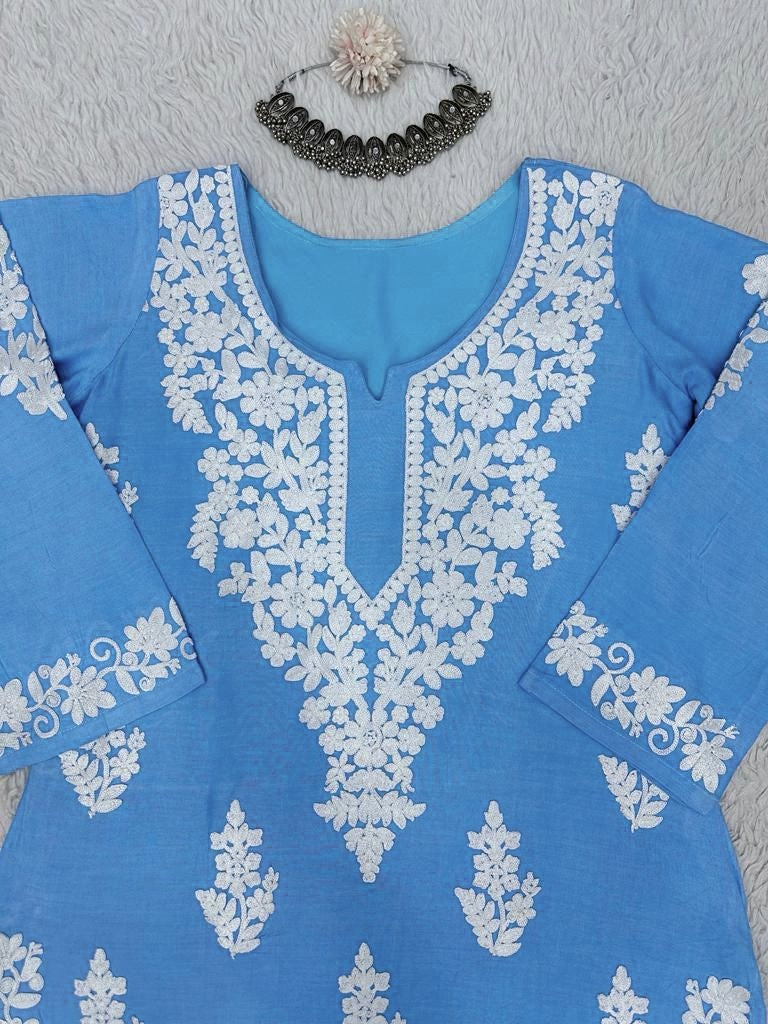 Sky blue rayon chainstitch palazzo kurti