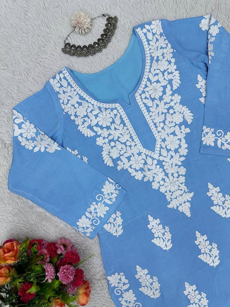 Sky blue rayon chainstitch palazzo kurti