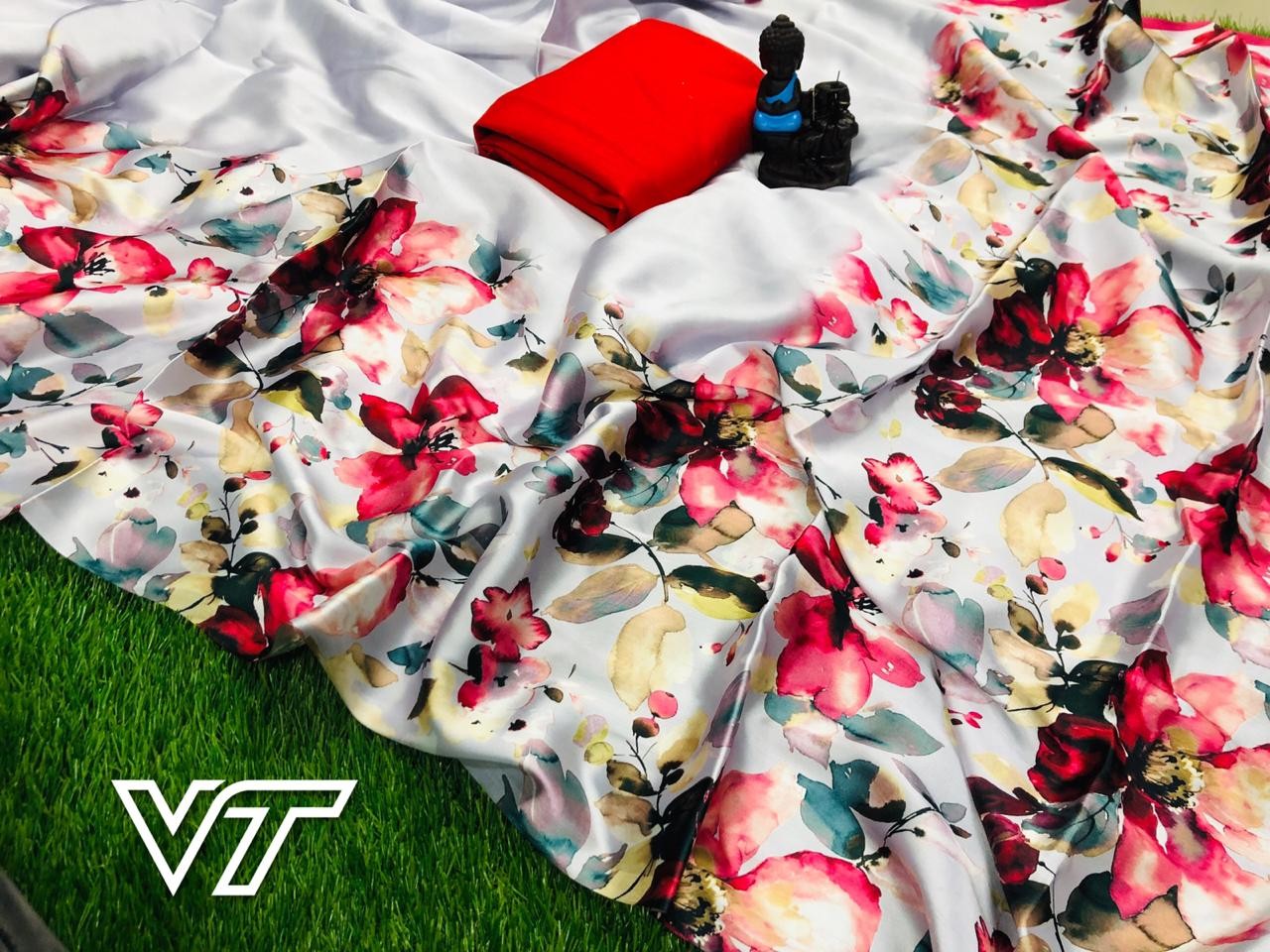 sky blue satin digital floral printed partywear saree