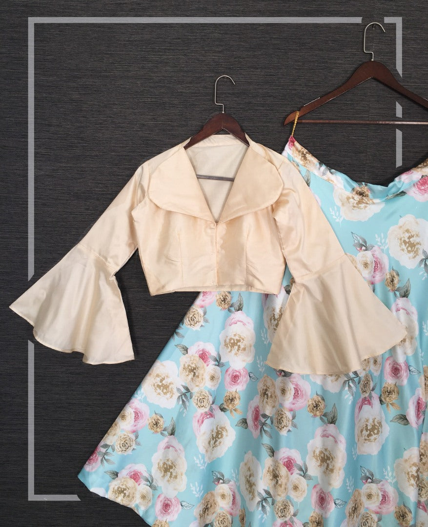 Sky blue satin floral printed crop top lehenga