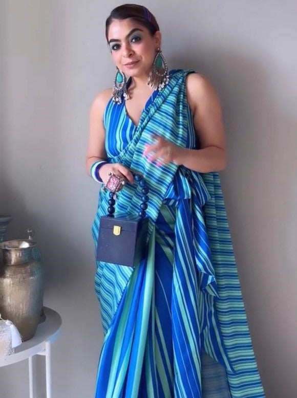 Sky blue satin silk digital printed saree