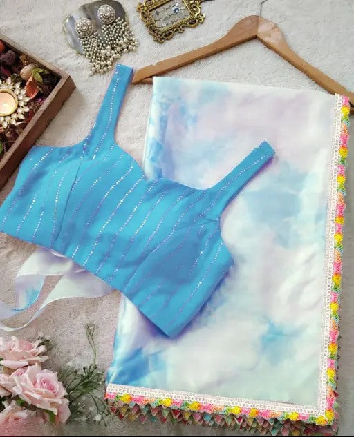 Sky blue shibori print girlish organza saree