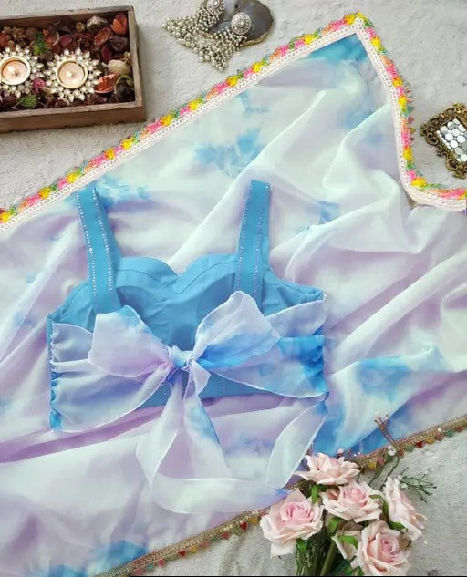 Sky blue shibori print girlish organza saree