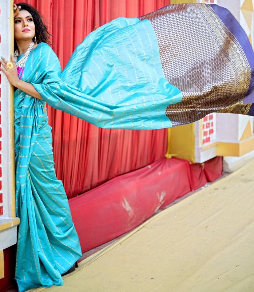 Sky blue soft lichi silk ceremonial saree