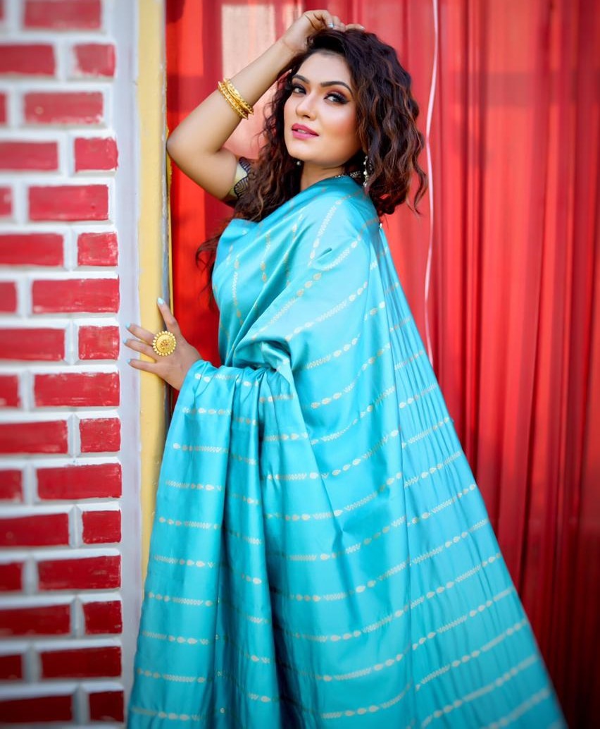 Sky blue soft lichi silk ceremonial saree