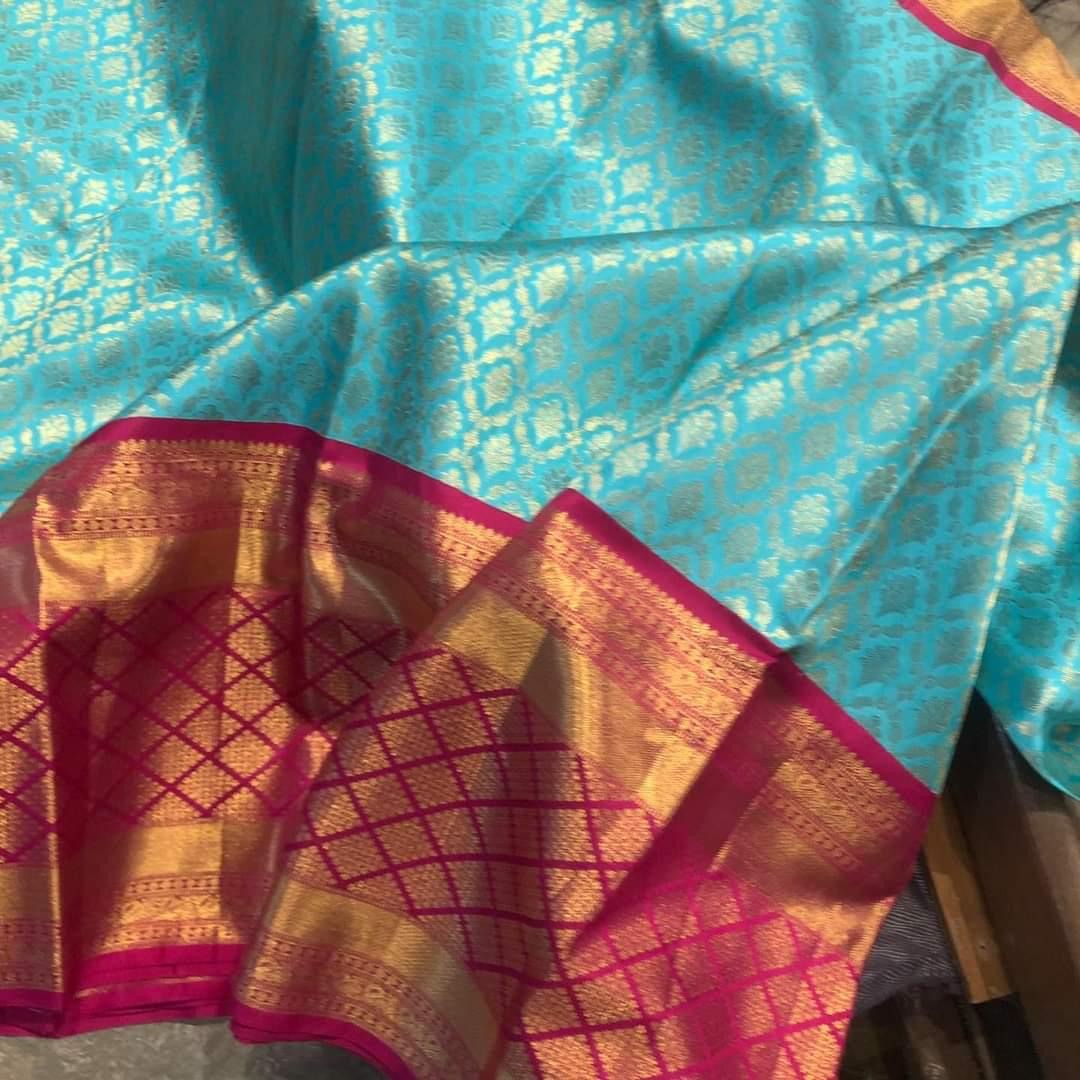 Sky blue soft lichi silk jacquard weaving work ceremonial saree
