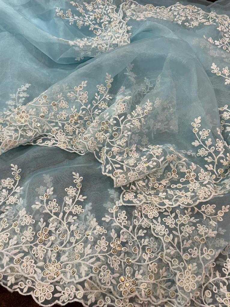 Sky blue soft organza thread and cutwork party wear saree