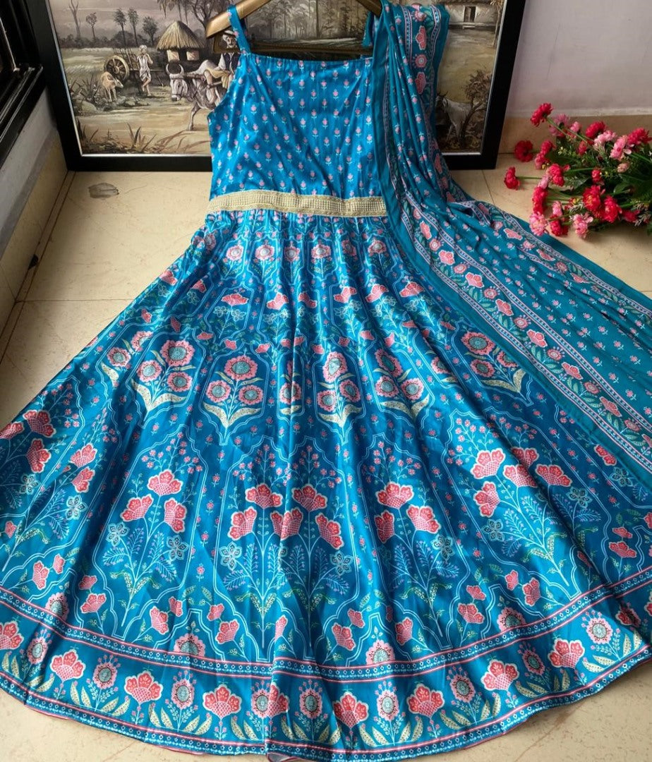 Sky blue taffeta silk digital printed work party wear gown