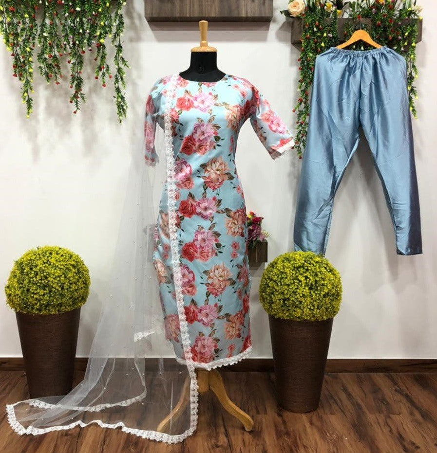 Sky blue tapeta silk digital printed salwar suit