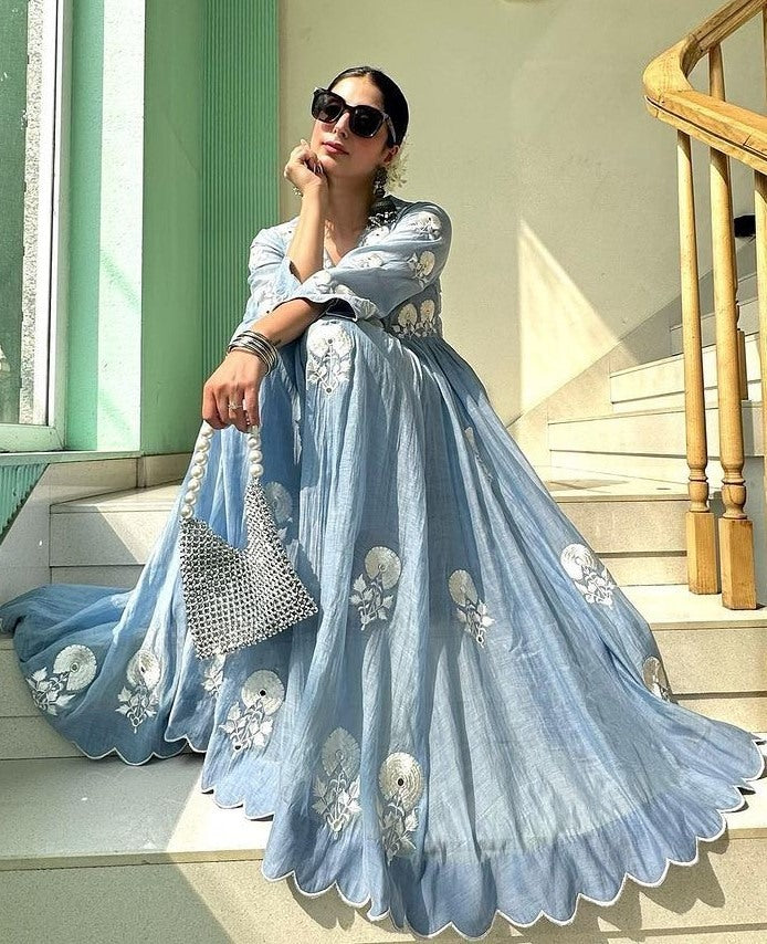 Sky blue thread work stylish anarkali suit