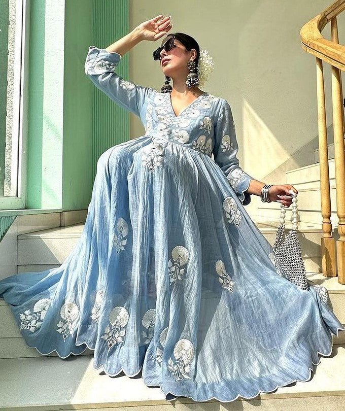 Sky blue thread work stylish anarkali suit