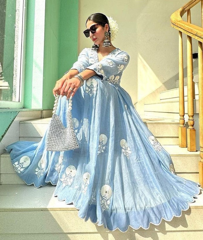 Sky blue thread work stylish anarkali suit