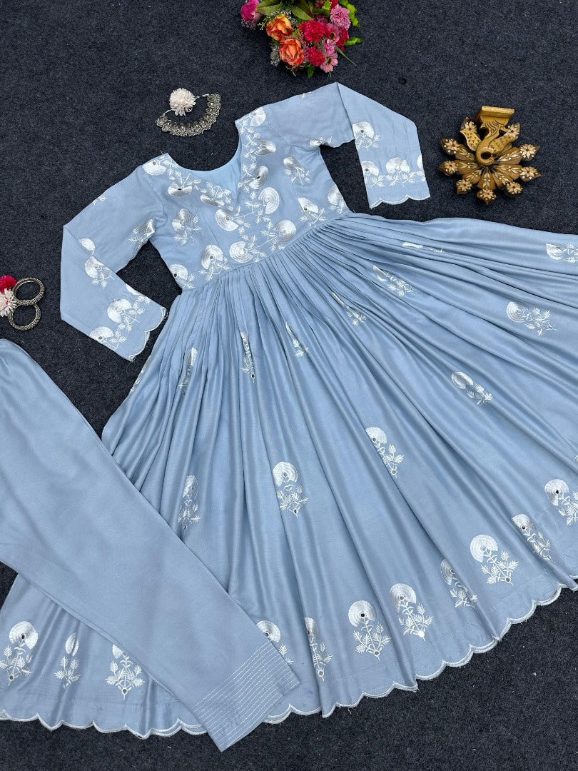 Sky blue thread work stylish anarkali suit