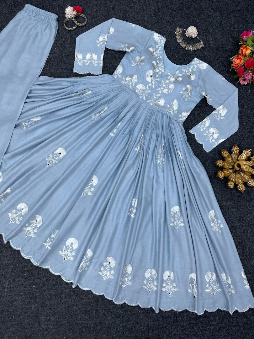 Sky blue thread work stylish anarkali suit