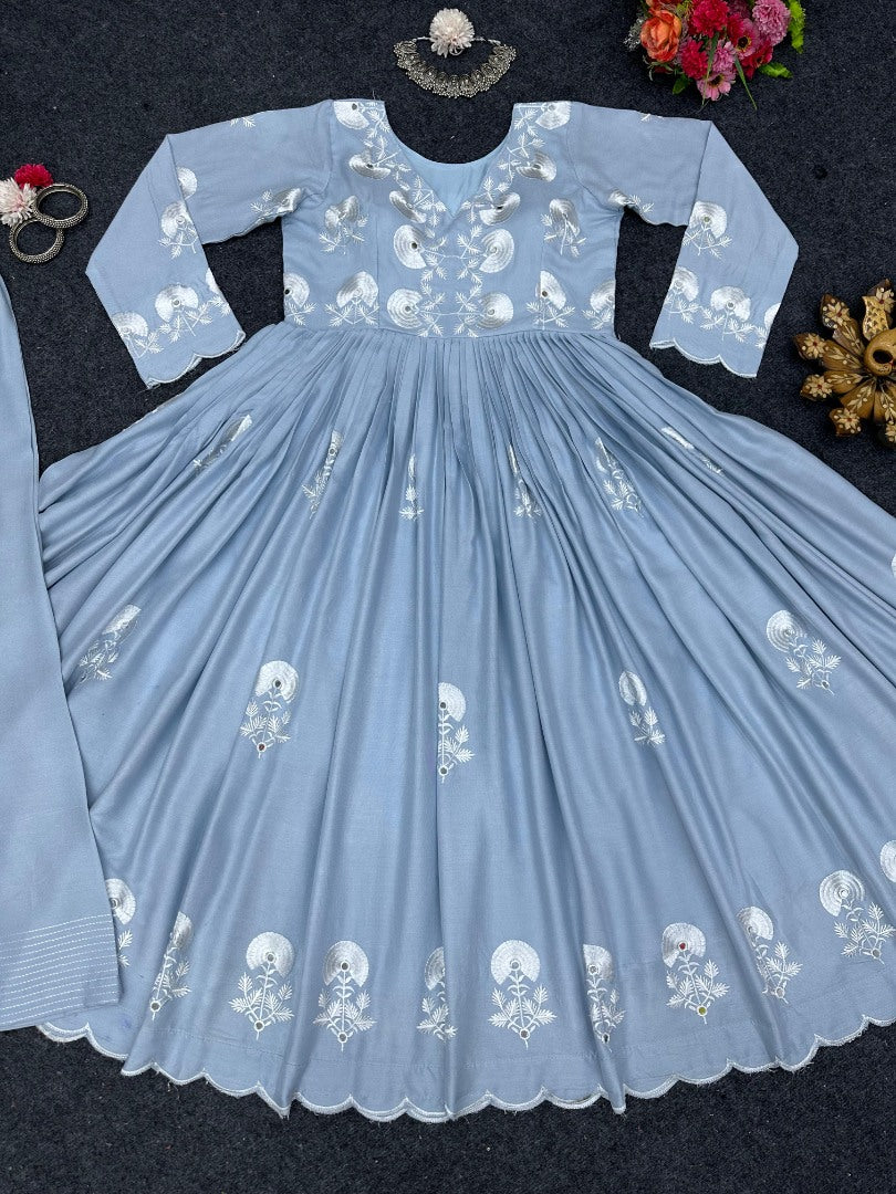 Sky blue thread work stylish anarkali suit