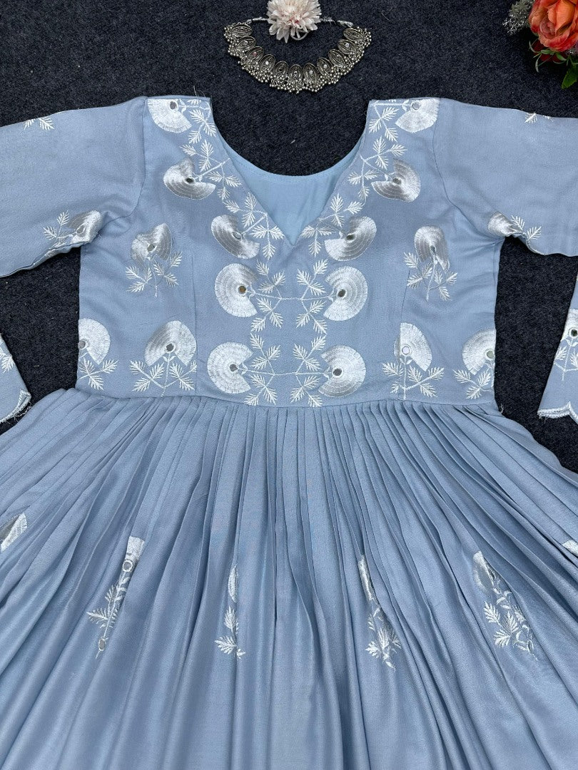 Sky blue thread work stylish anarkali suit