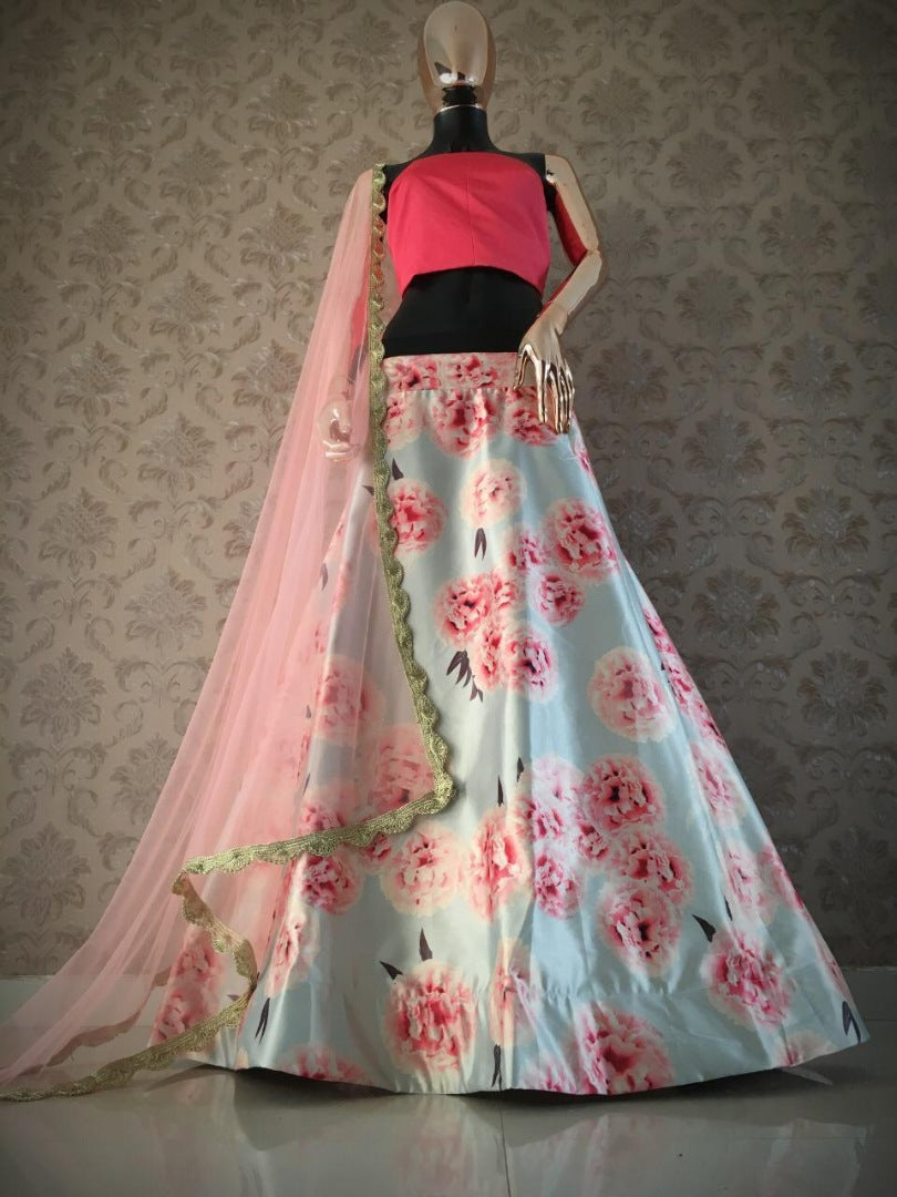 sky blue zari satin pink rose printed lehenga choli