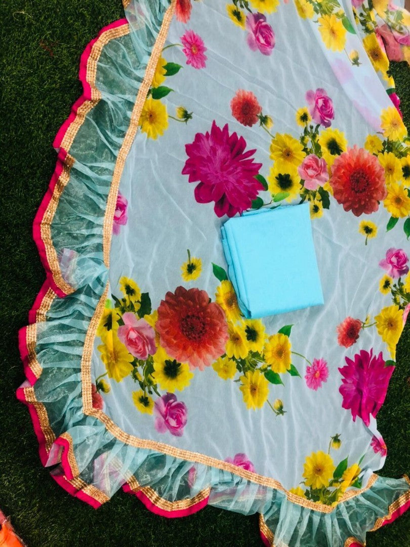 sky georgette beautiful digital floral printed ceremonial saree